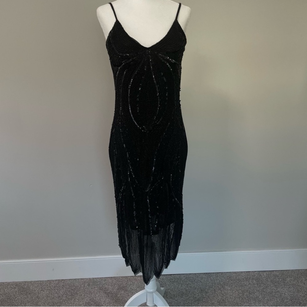 Elegant Black Beaded Gatsby Evening Dress 1920s Flapper Art Deco Cocktail Small